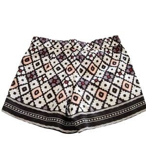 LOFT Women Size 0 Linen Blend Ikat Geometric Print Drawstring Shorts Black Coral